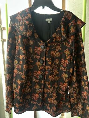 J. Jill Black Blazer with Rust and Olive Floral Jacquard